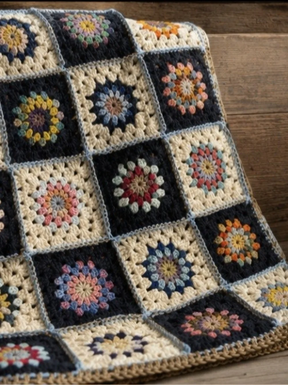 Handmade Crochet Granny Square Throw - Navy, Cream & Multicolor